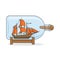 Color ship with orange sails in the bottle. Souvenir with sailboat for trip, tourism, travel agency, hotels, vacation card