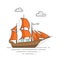 Color ship with orange sails in the sea. Sailboat on waves for trip, tourism, travel agency, hotels,vacation card,banner