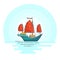 Color ship with red sails in the sea. Sailboat on waves for trip, tourism, travel agency, hotels, vacation card, banner.