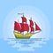 Color ship with red sails in the sea. Sailboat on waves for trip, tourism, travel agency, hotels, vacation card, banner