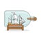 Color ship with white sails in the bottle.Souvenir with sailboat for trip, tourism, travel agency, hotels, vacation card