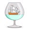 Color ship with white sails in glass. Souvenir with sailboat for trip, tourism, travel agency, hotels, vacation card