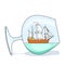 Color ship with white sails in glass. Souvenir with sailboat for trip, tourism, travel agency, hotels, vacation card