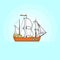 Color ship with white sails in the sea. Sailboat on waves for trip, tourism, travel agency, hotels,vacation card,banner