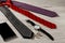 Color silk neckties, watch, cufflinks, sell phone on a gray wood