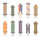 Color skate board set. Cartoon patterned longboards, decorative skateboards, different types, teenager hipster extreme