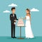 Color sky landscape background with newly married couple scene of cake and champagne toast