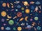 Color space doodle. Astrology planets, colorful space and hand drawn rocket vector illustration set. Cartoon style