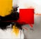 Color Splash Minimal Abstract Textured Red Square Black Yellow Paint Splatters Energetic Composition Silver White Details Oil