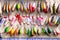 Color spoon baits, tackles and wobblers. Fishing lures and accessories