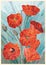 Color Stained Glass. Large flowers poppies on a gray turquoise background. Light lines