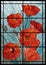 Color Stained Glass. Large flowers of poppies on a gray turquoise background in the window. Black lines