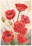 Color stained glass. Red poppies on a beige background