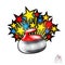 Color stars fly out from curling red stone all star geme on white. Sport logo for any team or championship