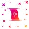 Color Torah scroll icon on white background. Jewish Torah in expanded form. Torah Book sign. Star of David symbol