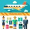 Color vector flat icon set and illustrations travel by plane