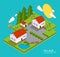 Color vector flat illustration village landscape. Summer time