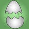 Color vector illustration-cracked eggshell, two parts. The chicken hatched. Isolated green background. Cartoon style.