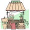 Color Vector illustration. Flower shop, wooden boxes, ceramic pots