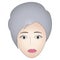 Color vector illustration of a girl`s face with gray eyes. Full face. Short pixie haircut. Platinum blonde.