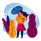 Color vector illustration of a girl with an umbrella. Flat style poster. Fashionable girl walks in the rain. Girl in warm clothes