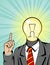 Color vector illustration of a man in a suit with a light bulb instead of a head. Businessman points finger up. Concept poster abo