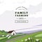 Color vector illustration in pastel colors of the countryside with a house, hills, plants, and sheep.