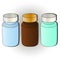 Color vector illustration- plastic jar for medicines, vitamins and other things. Tubes of green, blue and brown color.