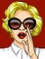 Color vector illustration in pop art style. The girl the blonde in dark glasses tells a secret. A beautiful lady with red lips hol