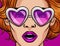 Color vector illustration in pop art style. Girl in pink glasses in the shape of a heart. The girl opened her mouth in surprise