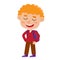 Color vector illustration of pretty curly boy stand with backpac