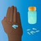 Color vector illustration of a women holding a pill prescribed by your doctor.  Dark skin. A bottle of pills in the background,