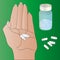 Color vector illustration of a women holding a pill prescribed by your doctor.  Light skin. A bottle of pills in the background.