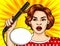 Color vector in pop art comic style girl makes hairstyle. Beautiful woman holding hair curlers.