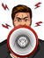 Color vector pop art comic style illustration of an angry man with a loudspeaker in his hand. An aggressive man shouts in a megaph