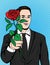 Color vector pop art comic style illustration of a man with a rose in his hand. Poster for Valentine`s Day. A man in love holding