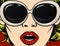 Color vector pop art comic style illustration of a woman`s face close up. The girl in dark glasses in a white frame. Girl with re