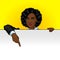 Color vector pop art style illustration of a business woman holding a poster with empty space for text. African American woman is