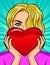 Color vector pop art style illustration of a girl holding a heart in her hands. Beautiful blonde with blue eyes holds a red heart.