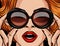 Color vector poster in pop art style. Girl with red hair in sunglasses. Lady holds glasses in the style of 60-80s. The girl with h