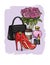 Color vector realistic illustration of shoes, cosmetics, accessories for women. Set of women`s wardrobe items. Design elements for