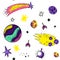 Color vector seamless pattern with space elements. Doodle style. Planets, meteorites, stars, comets, rockets, satellites