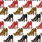 Color vector seamless pattern of womens high heels shoes. Stylish, elegant shoes of different colors isolated on white background.