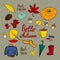 Color vector set of autumn: cone, leaf, acorn, cup of tea, gloves, cozy clothes, umbrella, rubber boots, lettering.