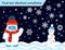 Color visual puzzle page for preschool kids. Find identical images game. Cute cartoon snow yeti, snowflakes and winter holidays