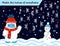 Color visual puzzle page for preschool kids. Match or find the halves of images game. Cute cartoon snow yeti, snowflakes and