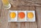 Color of yolk on white plate,raw eggs