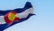 Colorado state flag waving in the wind on a clear day. Three blue, white, and blue stripes. Red C with gold disk on top. 3D