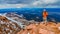 Colorado, USA - MAY  05, 2018: -  Mountains in winter, tourist on the snowy slope of Pikes Peak mountains, Colorado, USA