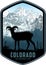 Colorado vector label with bighorn sheep and mountains forest